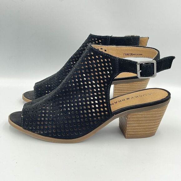 Lucky Brand BERTEL Suede Leather Peep Toe Heeled Sandals Shoes Womens SIZE 7.5 - Picture 1 of 8
